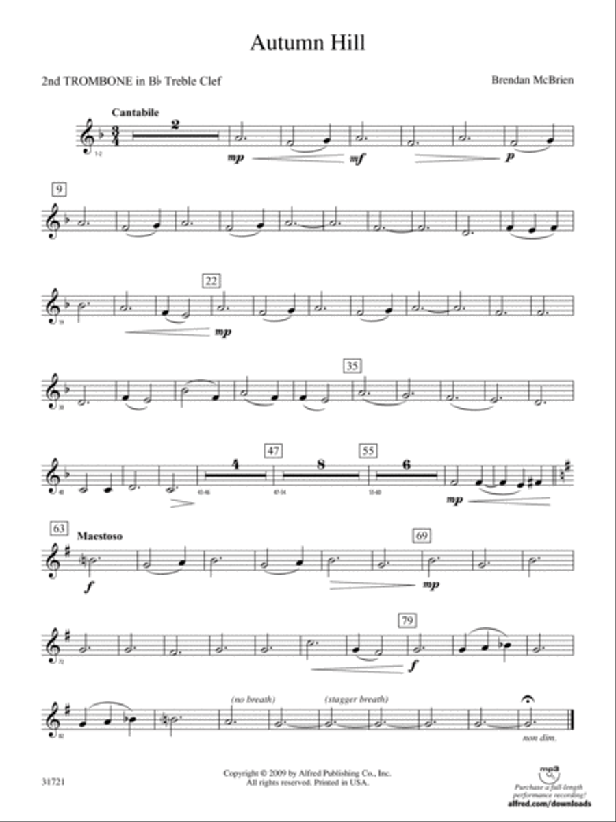 Autumn Hill: (World Part) 2nd B-flat Trombone T.C. Concert Band scores gallery preview page 1