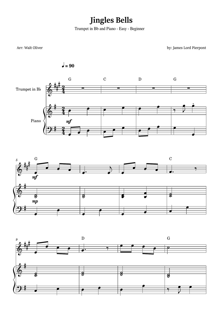 Jingle Bells for Trumpet and Piano (Easy - Beginner) B-Flat Trumpet scores gallery preview page 1