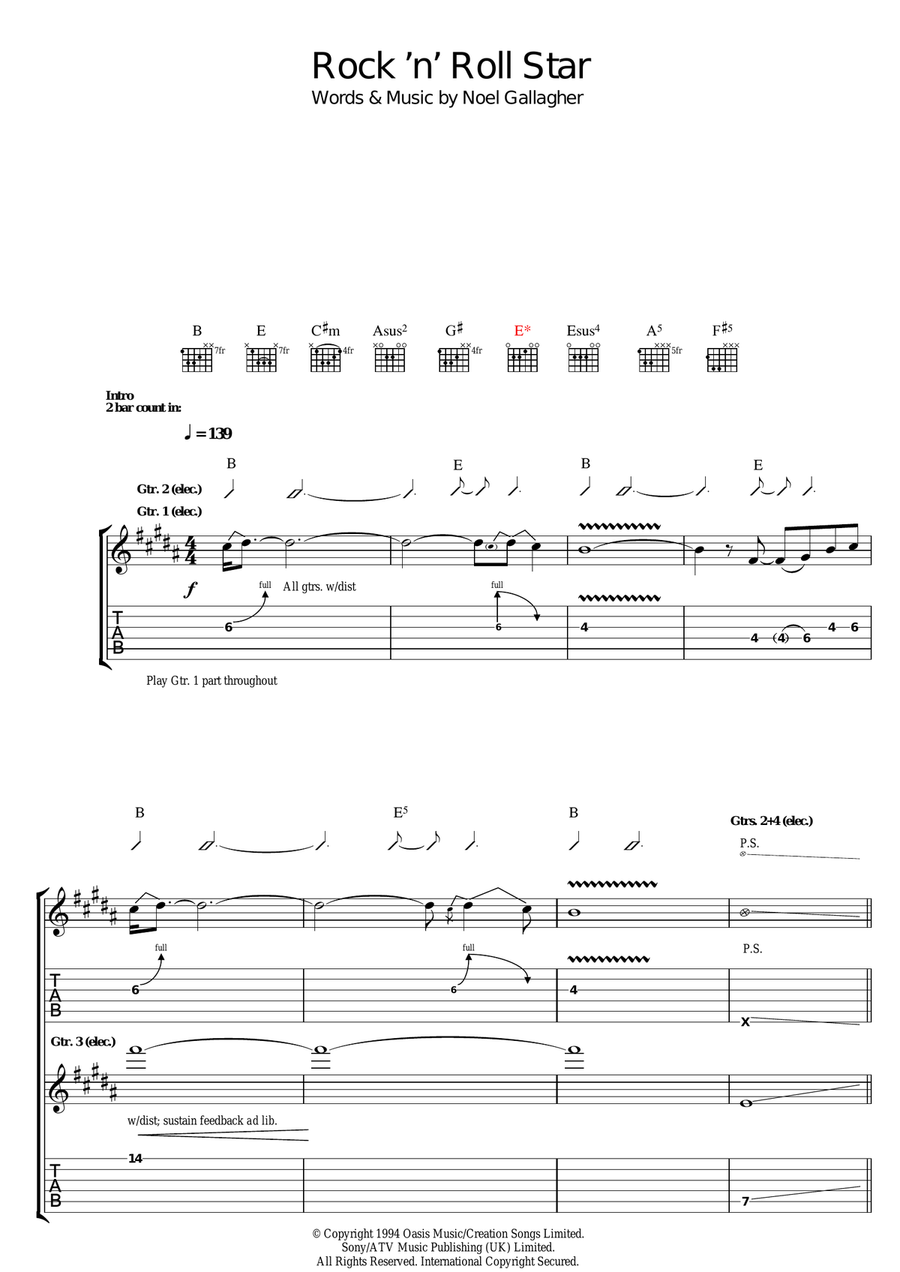 Rock 'n' Roll Star Rock 'n' Roll Star Guitar Tablature scores gallery preview page 1