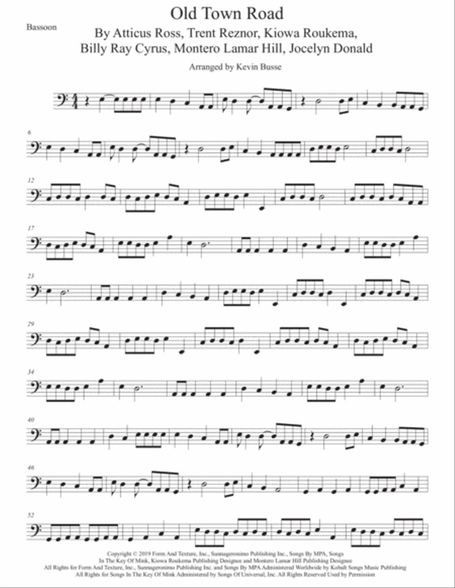 Old Town Road (remix) Bassoon Solo scores gallery preview page 1