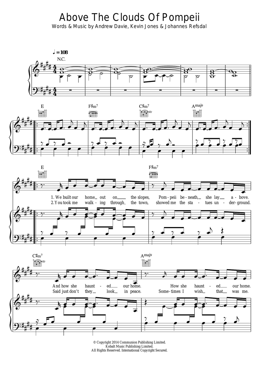 Above The Clouds Of Pompeii Piano, Vocal, Guitar scores gallery preview page 1
