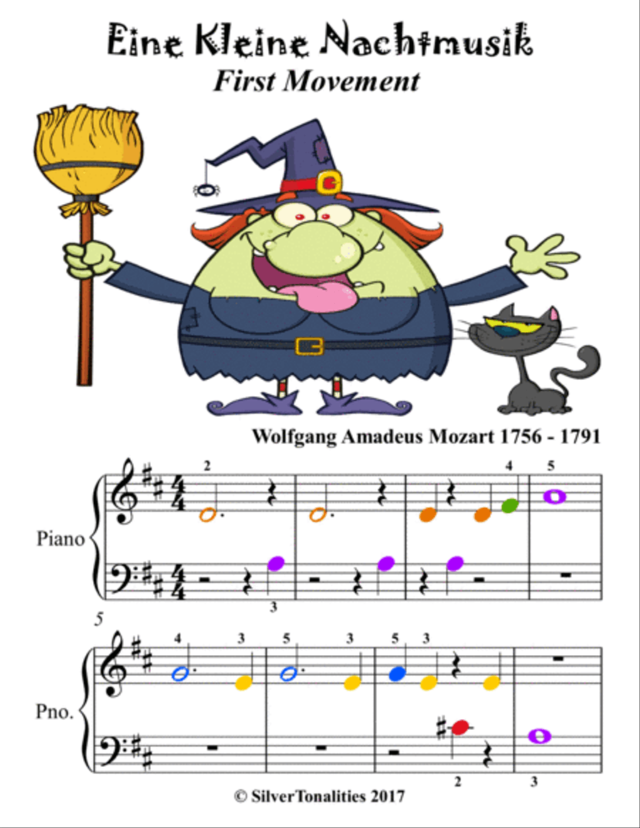 Eine Kleine Nachtmusik 1st Movement Beginner Piano Sheet Music with Colored Notation Piano Method scores gallery preview page 2