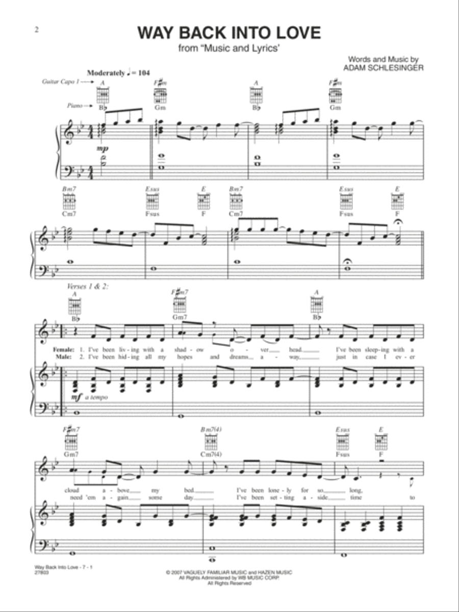 Way Back Into Love (from Music and Lyrics) Piano, Vocal, Guitar scores gallery preview page 1