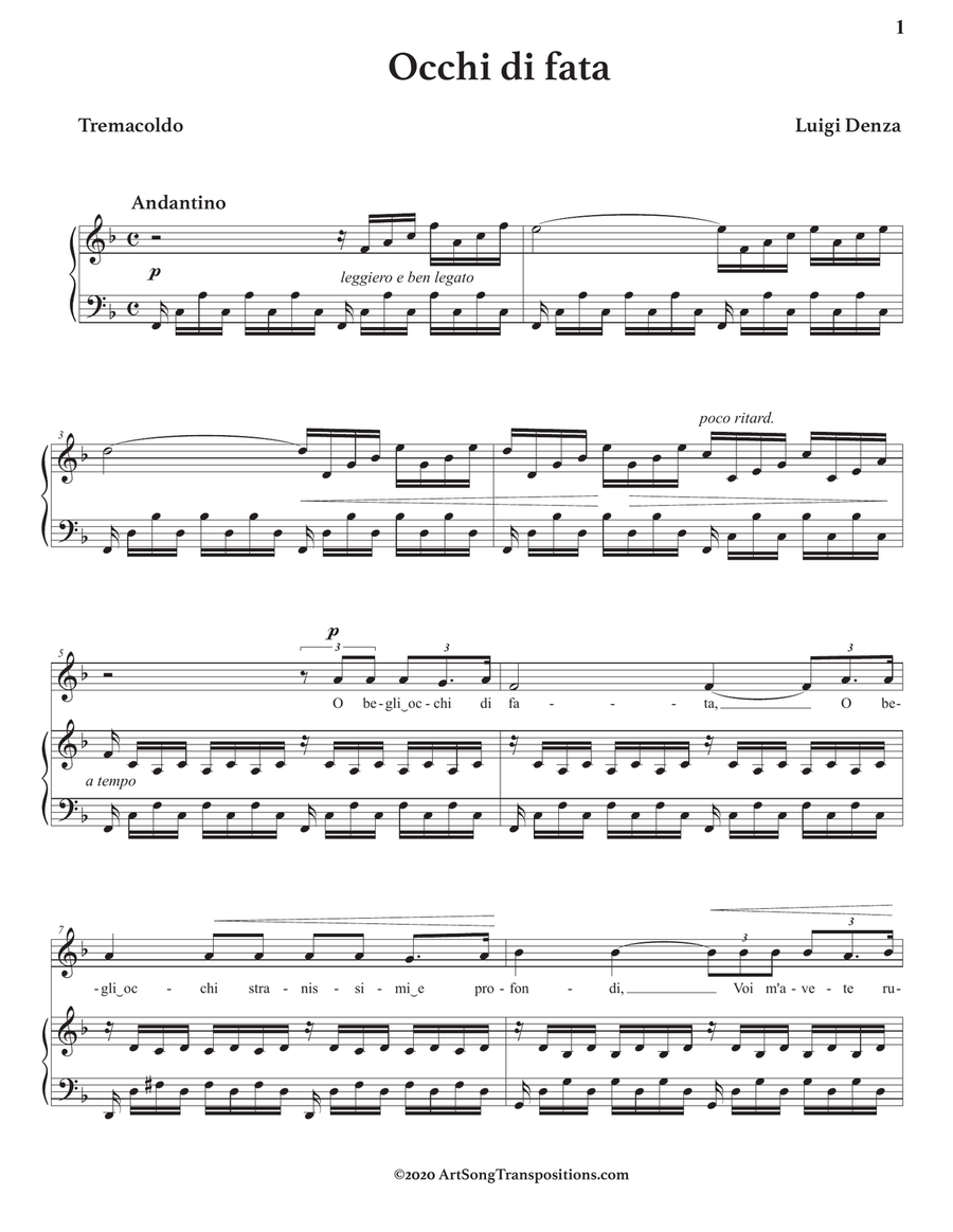 DENZA: Occhi di fata (transposed to F major) Piano, Vocal scores gallery preview page 2