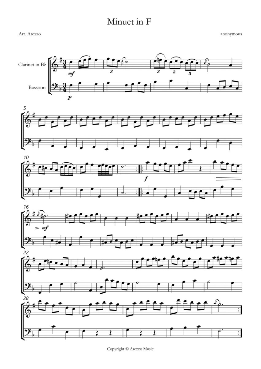 bwv anh 113 minuet in F sheet music Clarinet and Bassoon image number null