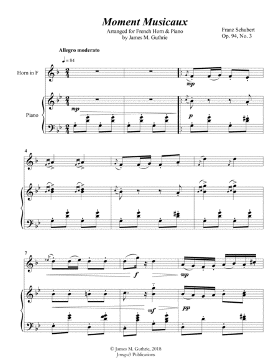 Schubert: Moment Musicaux for French Horn & Piano Horn scores gallery preview page 1