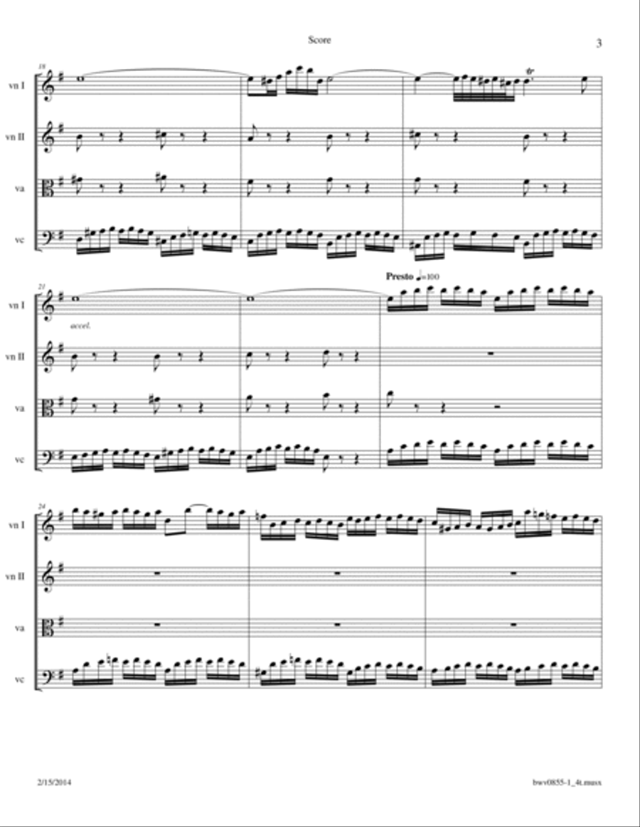Bach: Prelude BWV 855 in e minor from The Well Tempered Clavier arr. for String Quartet String Quartet scores gallery preview page 3