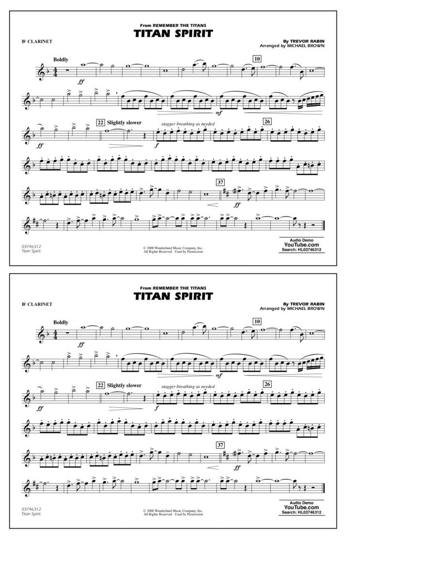 Titan Spirit (from Remember the Titans) (arr. Michael Brown) - Bb Clarinet B-Flat Clarinet scores gallery preview page 1