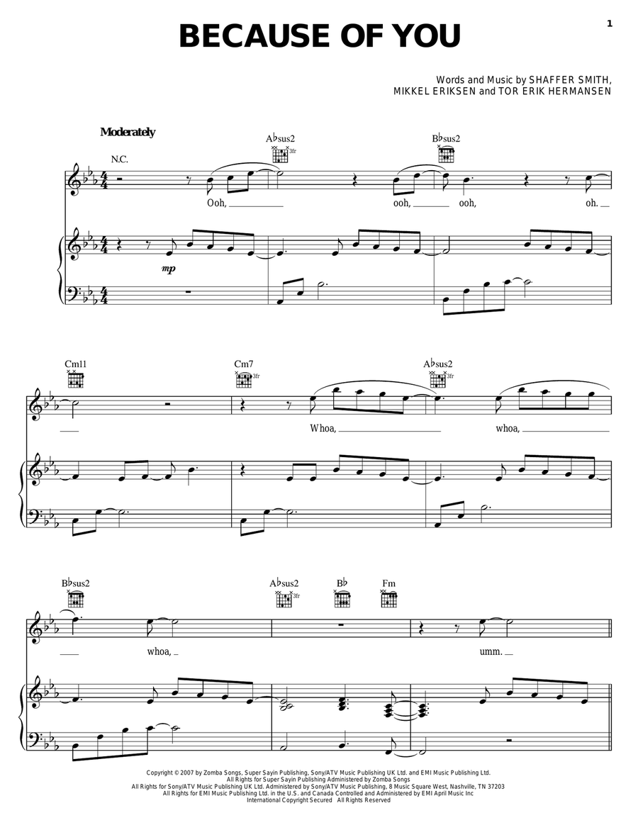 Because Of You Piano, Vocal, Guitar scores gallery preview page 1
