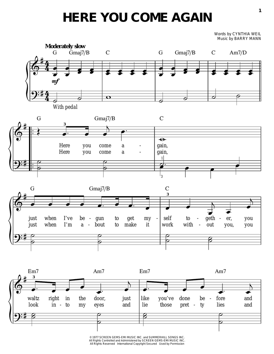 Here You Come Again Here You Come Again Easy Piano scores gallery preview page 1