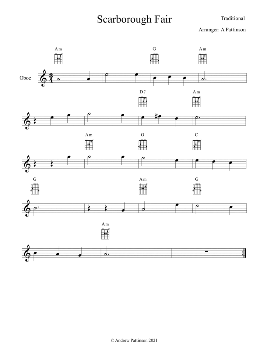 Scarborough Fair for Easy Oboe with Guitar Chords Easy Guitar scores gallery preview page 1
