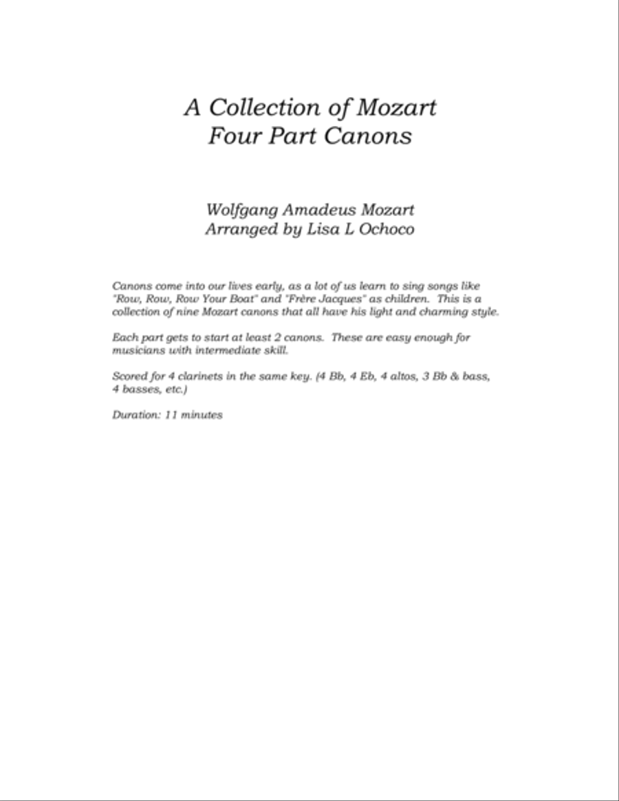 A Collection of Mozart Four Part Canons for Clarinet Quartet A Collection of Mozart Four Part Canons for Clarinet Quartet Clarinet Quartet scores gallery preview page 4