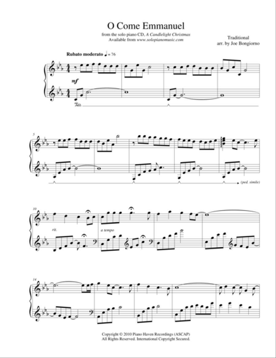 O Come Emmanuel - traditional Christmas - by Joe Bongiorno Piano Solo scores gallery preview page 1