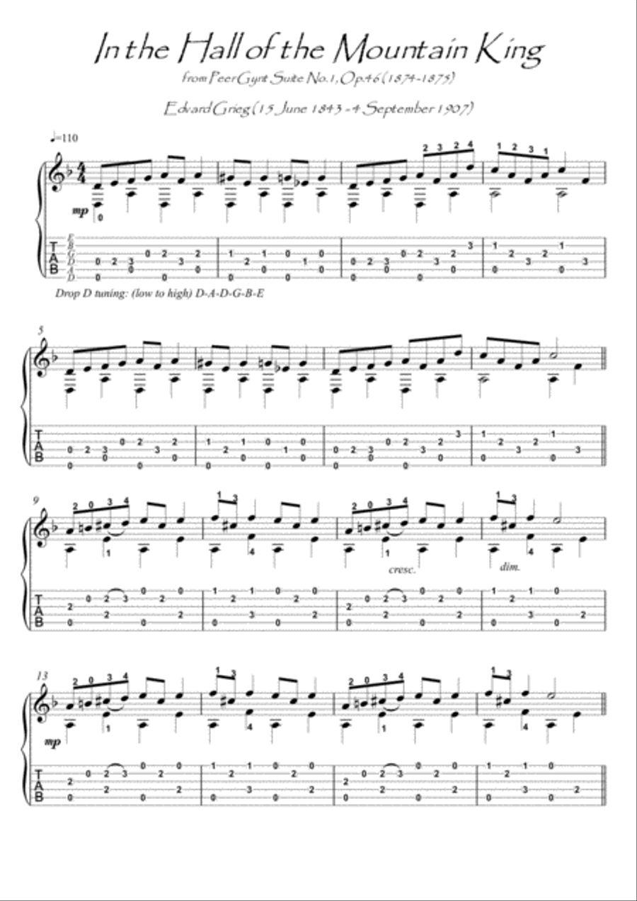 In the Hall of the Mountain King by Grieg guitar solo Acoustic Guitar scores gallery preview page 1