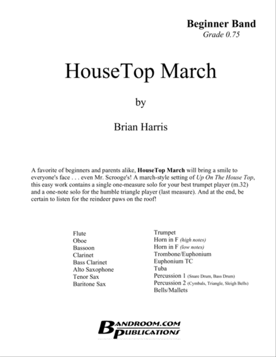 HOUSETOP MARCH (Up on the Roof Top) - beginner band - easy - score, parts & license to copy image number null