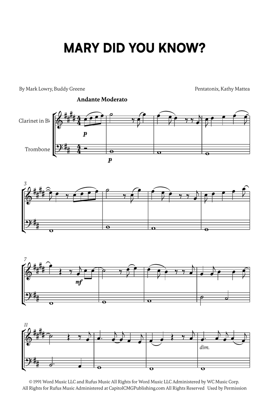 Mary, Did You Know? B-Flat Clarinet scores gallery preview page 1