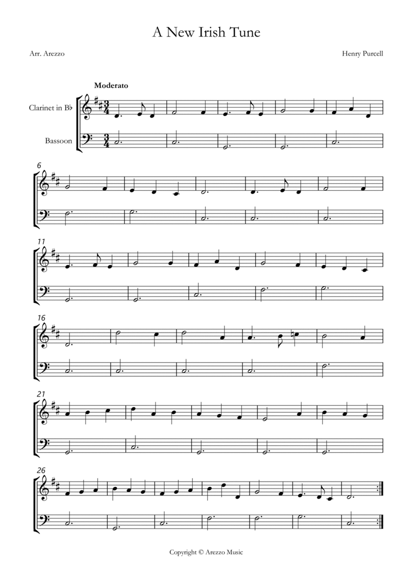 purcell z 646 a new irish tune Clarinet and Bassoon sheet music for beginners image number null