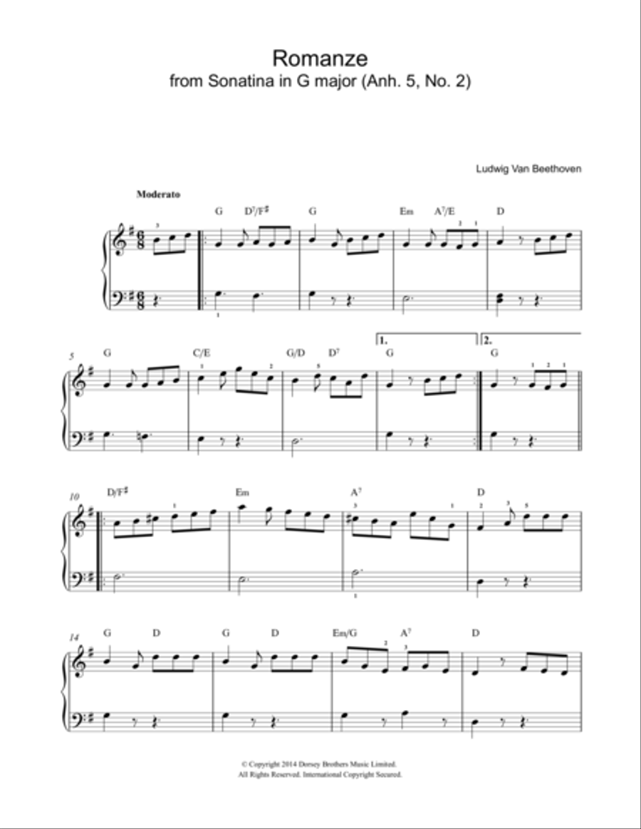 Romanze From Sonatina In G Major (Anh. 5, No. 2) Easy Piano scores gallery preview page 1