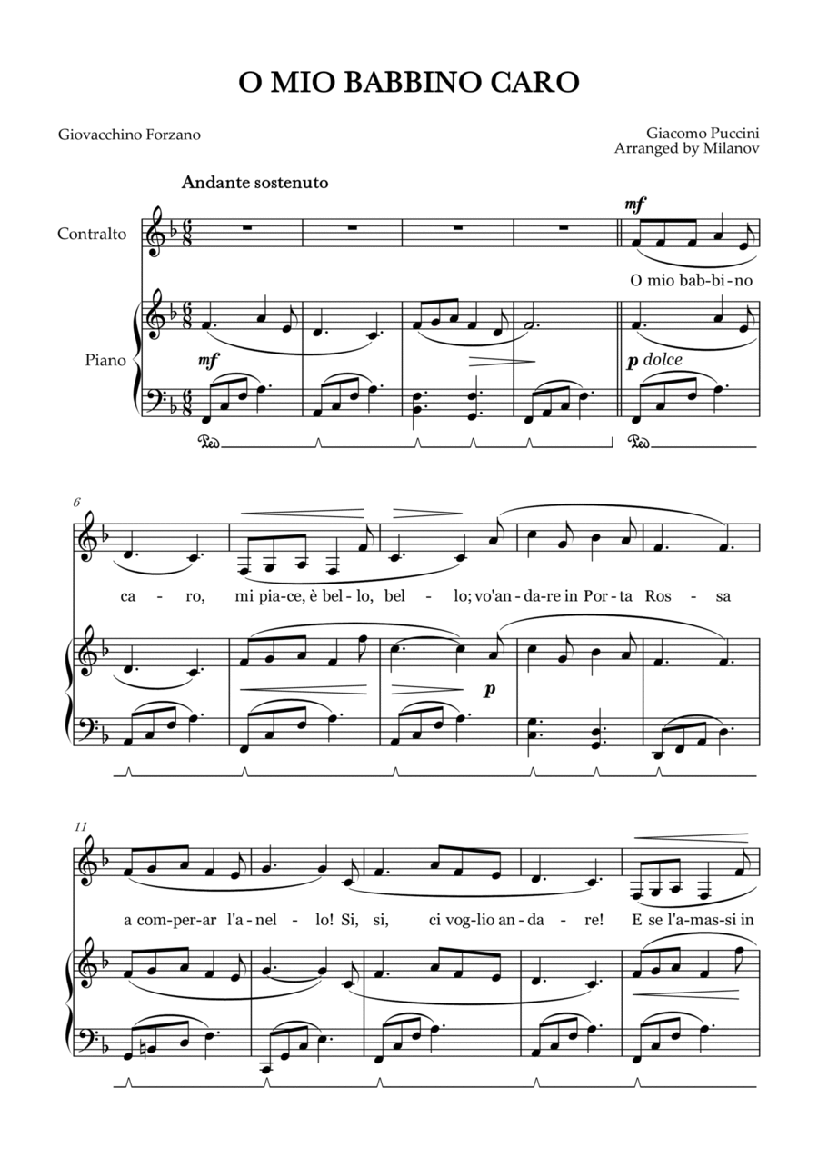 O Mio Babbino Caro | Female Voice Contralto | F Major | Piano accompaniment | Pedal Alto Voice scores gallery preview page 1