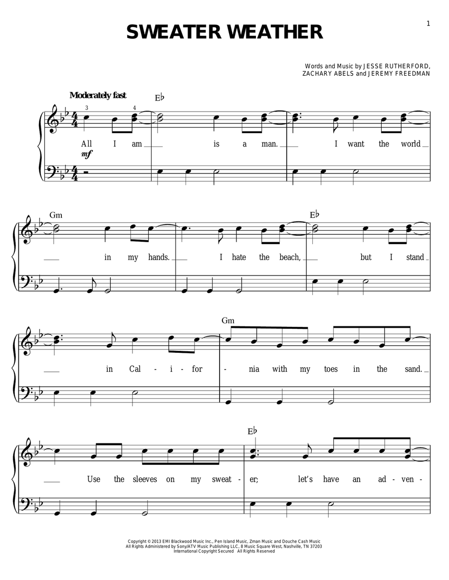 Sweater Weather Easy Piano scores gallery preview page 1