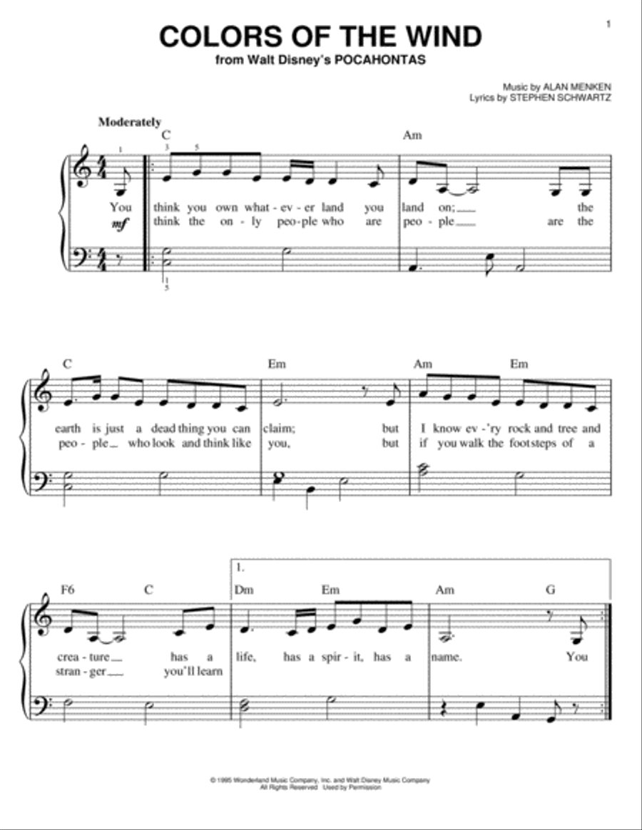 Colors Of The Wind (from Pocahontas) Easy Piano scores gallery preview page 1