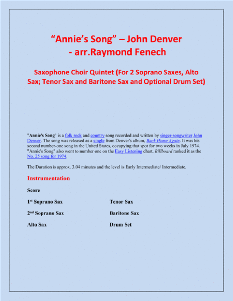 Annie's Song Saxophone Quintet scores gallery preview page 2