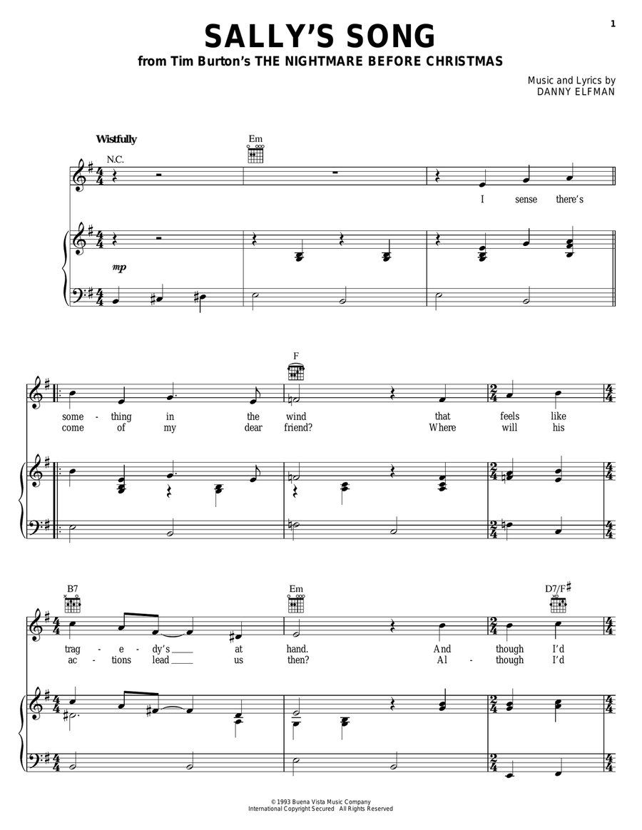 Sally's Song (from The Nightmare Before Christmas) Piano, Vocal, Guitar scores gallery preview page 1