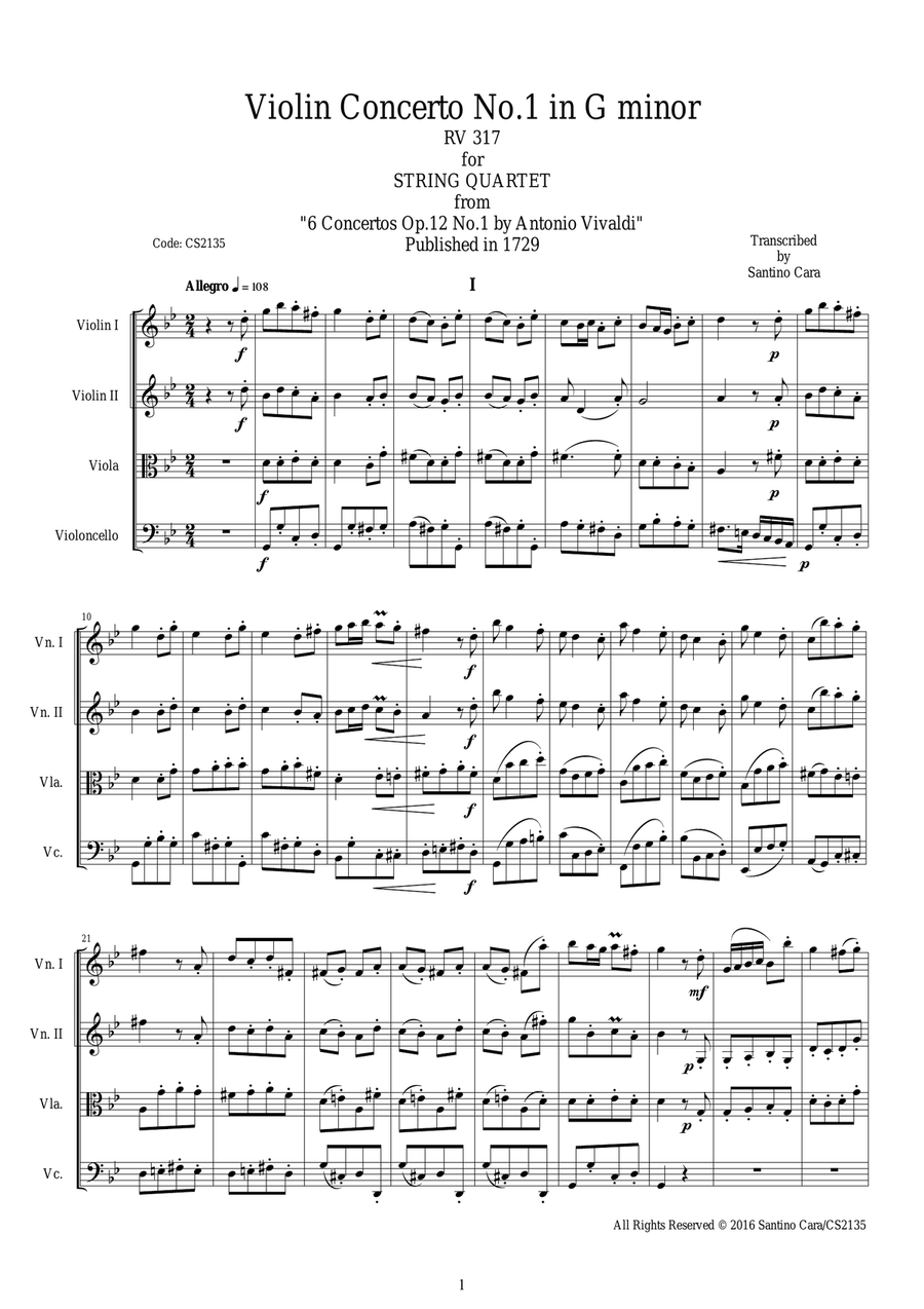 Vivaldi - Violin Concerto in G minor RV 317 Op.12 No.1 for String Quartet String Quartet scores gallery preview page 1