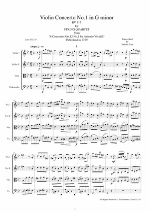 Vivaldi - Violin Concerto in G minor RV 317 Op.12 No.1 for String Quartet