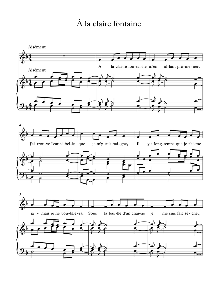 À la claire fontaine À la claire fontaine Piano, Vocal scores gallery preview page 1
