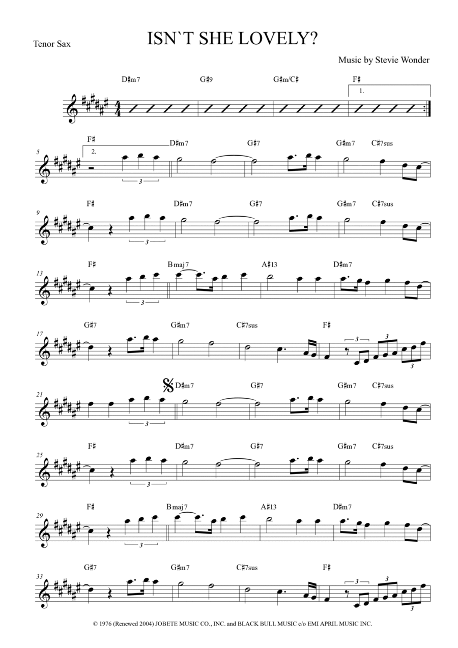 Isn't She Lovely Tenor Saxophone scores gallery preview page 1