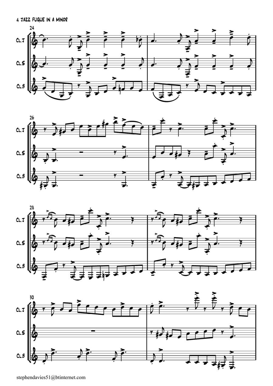 'Jazz Fugue in A Minor' based on BWV944 by J.S.Bach for Clarinet Trio. Clarinet Trio scores gallery preview page 4