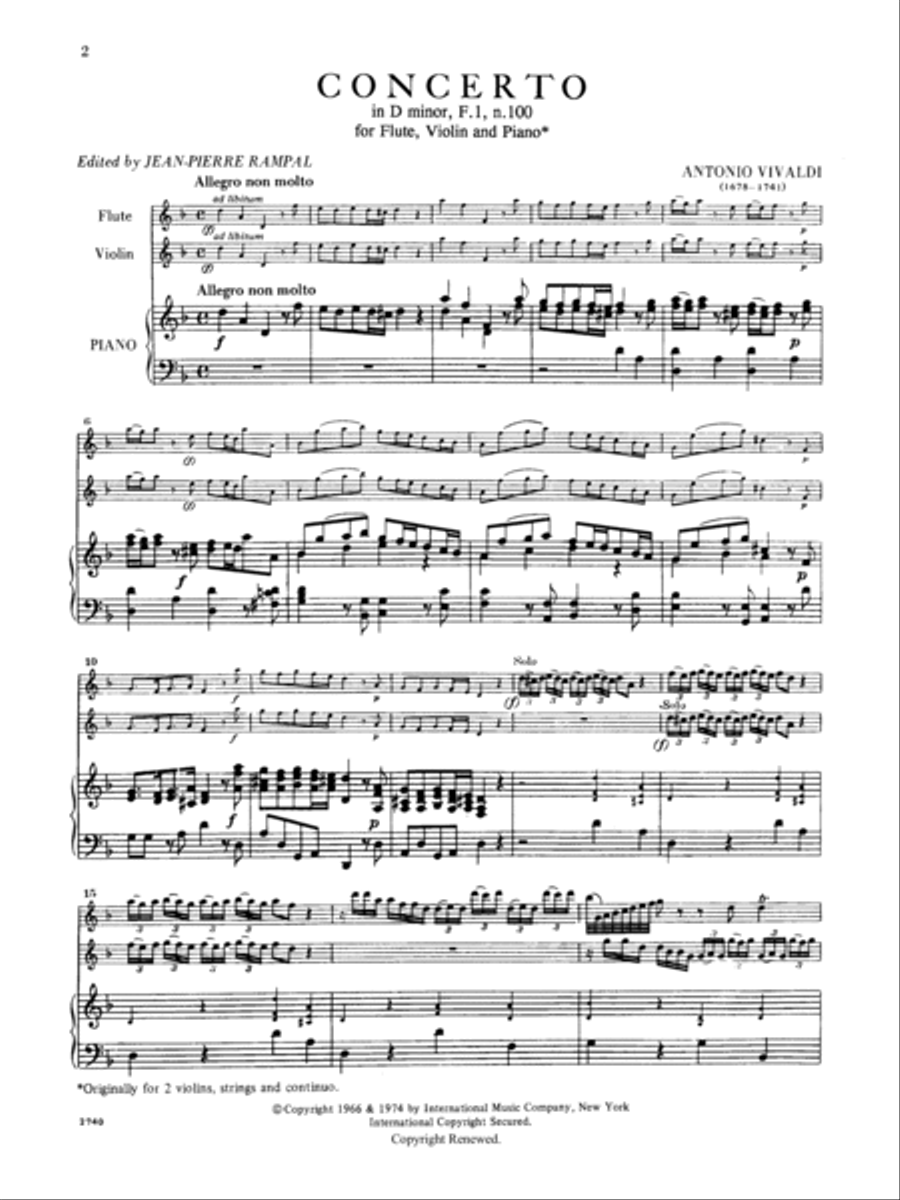 Concerto In D Minor, Rv 514, For Flute, Violin & Piano (Orig. For 2 Viols, Strings & Cembalo)