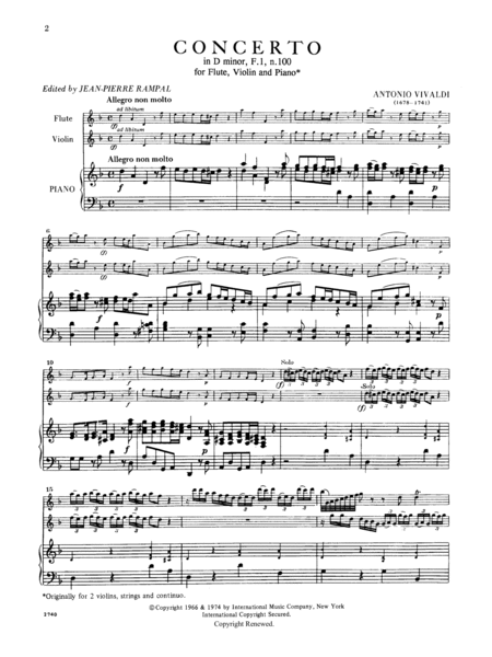 Concerto In D Minor, Rv 514, For Flute, Violin & Piano (Orig. For 2 Viols, Strings & Cembalo)
