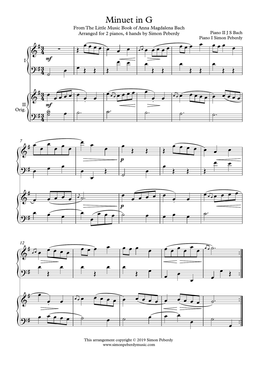 Minuet in G (I) from Anna Magdalena's Notebook (J S Bach), arranged for 2 pianos, 4 hands by Simon P Piano Method scores gallery preview page 1