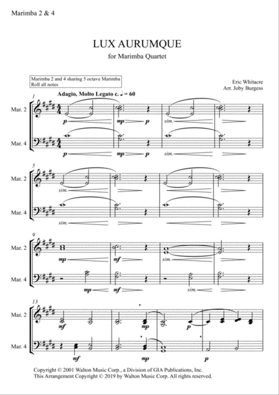 Lux Aurumque for Marimba Quartet (arr. Joby Burgess) - MARIMBA 2 & 4 Percussion Ensemble scores gallery preview page 1