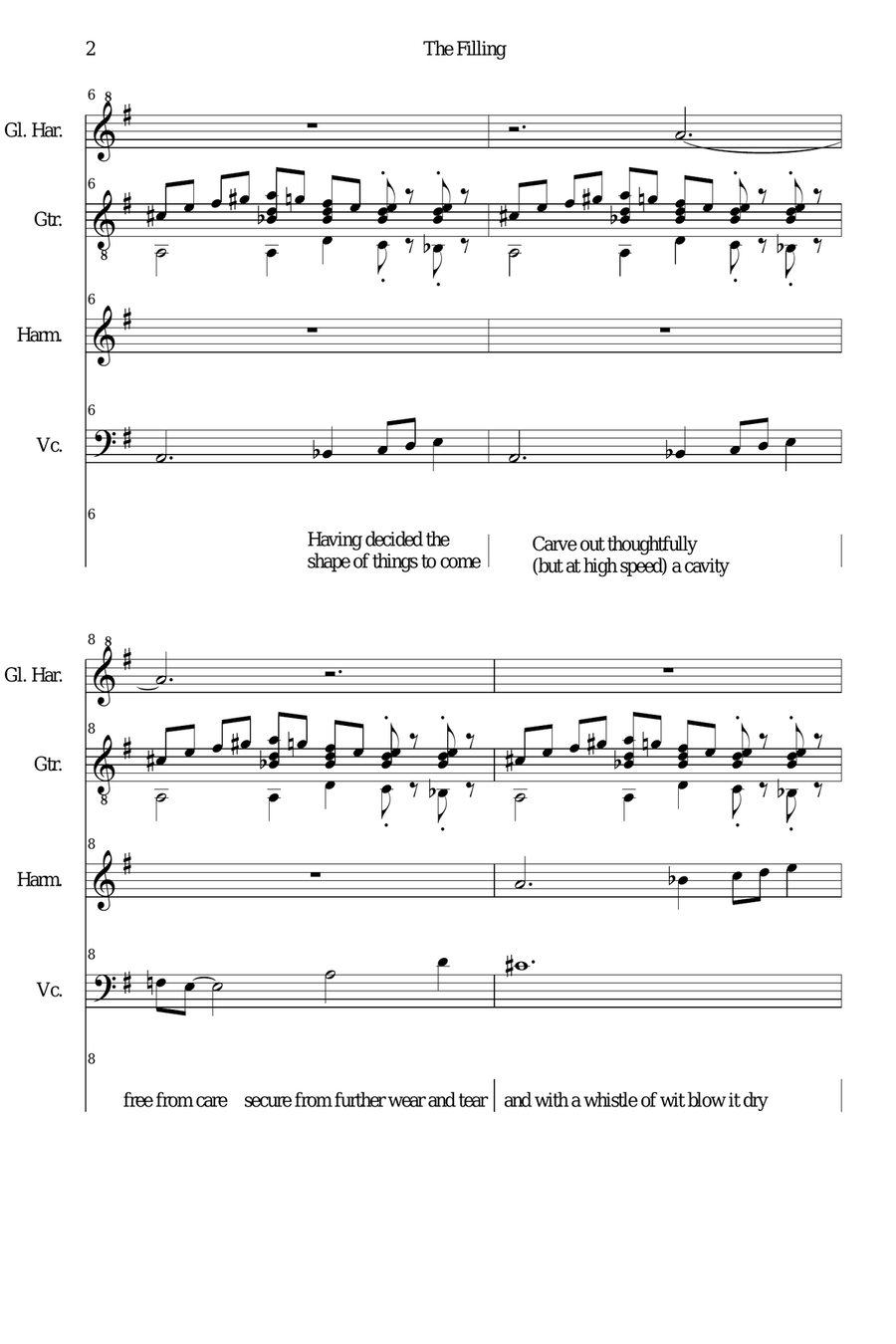 The Filling for spoken voice, cello, classical guitar, glass harmonica and harmonica Small Ensemble scores gallery preview page 2