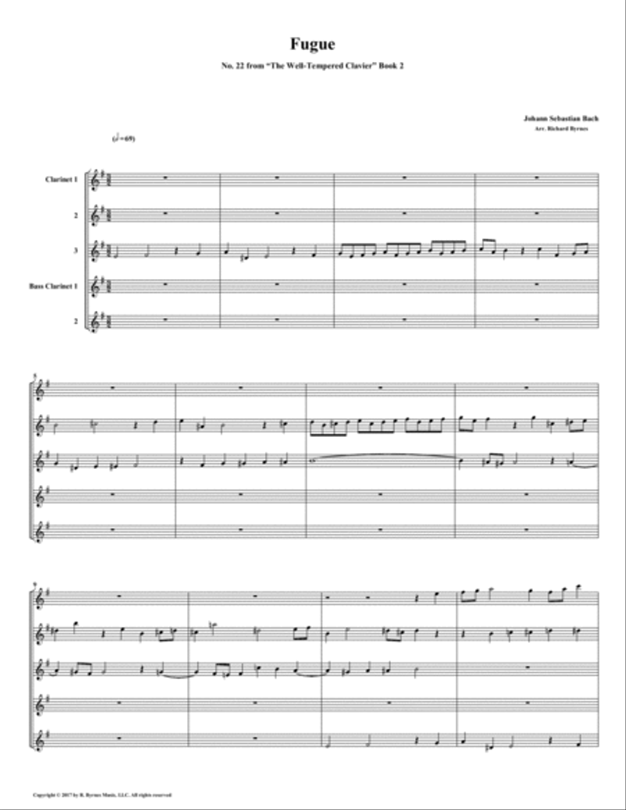 Fugue 22 from Well-Tempered Clavier, Book 2 (Clarinet Quintet) Clarinet Quintet scores gallery preview page 1