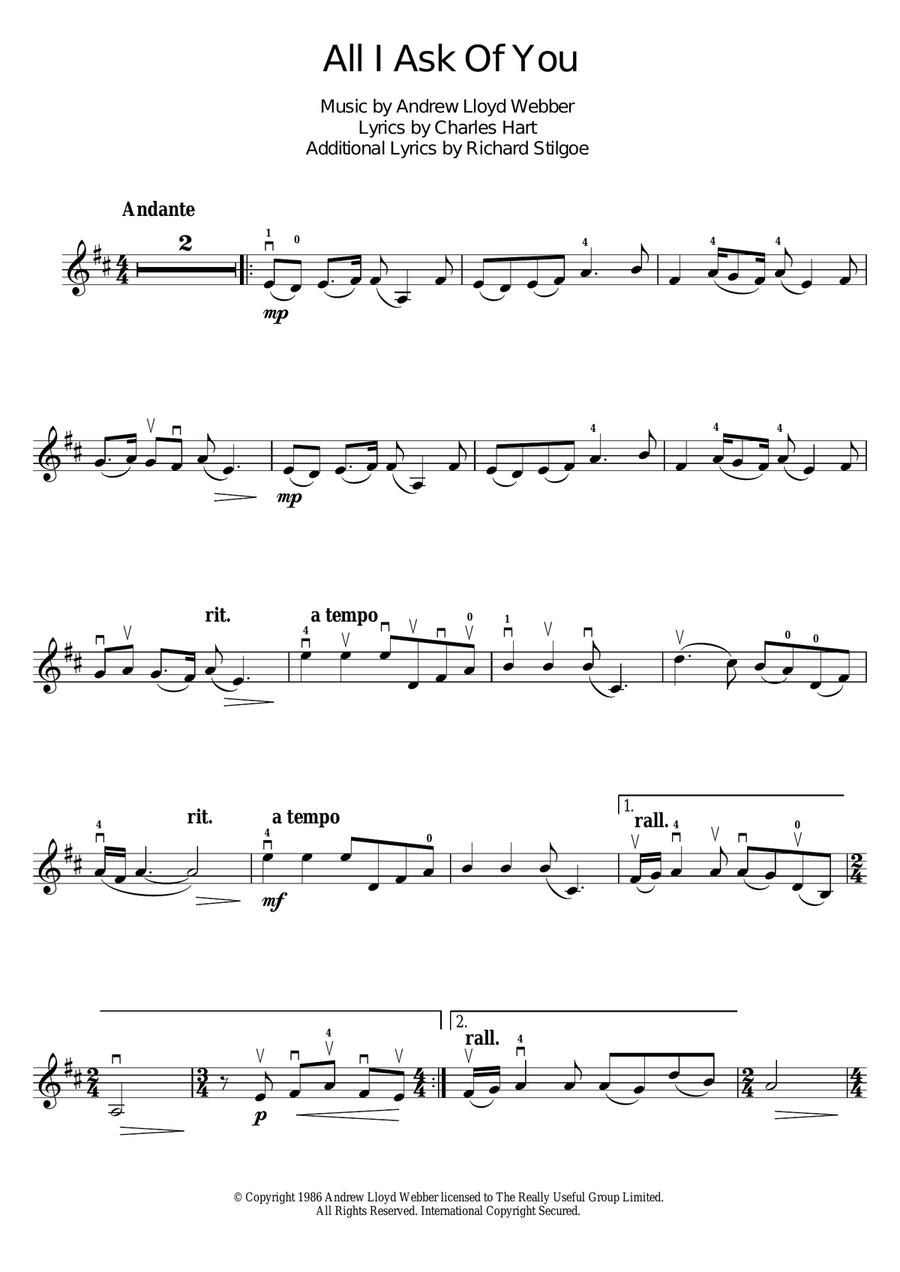 All I Ask Of You (from The Phantom Of The Opera) Violin Solo scores gallery preview page 1
