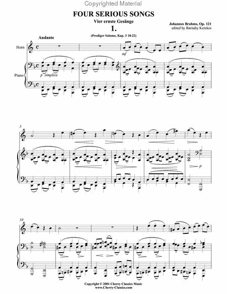 Four Serious Songs by Johannes Brahms Horn - Sheet Music