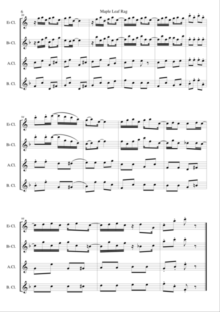 Maple Leaf Rag for clarinet quartet (E flat, B flat, alto and bass) Clarinet Quartet scores gallery preview page 6