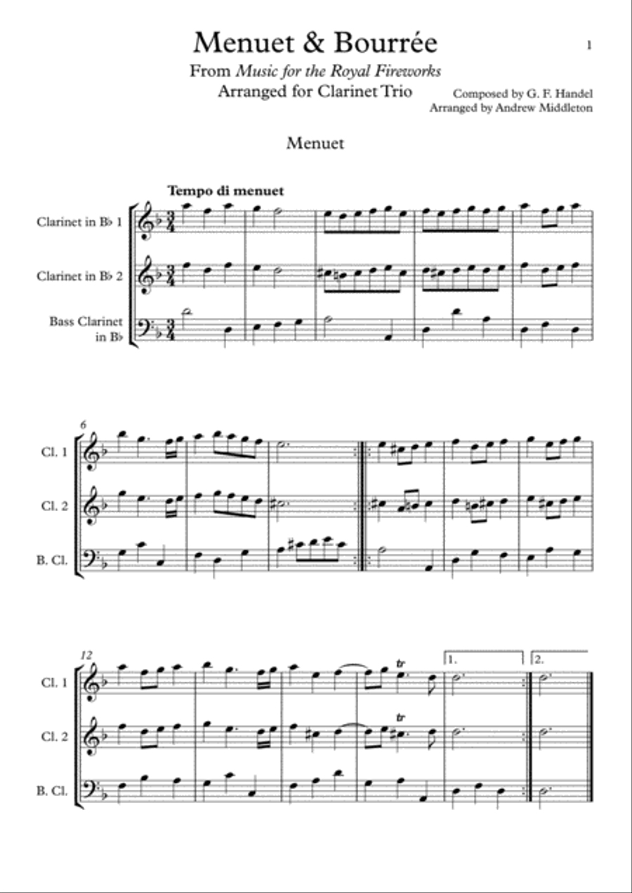 Menuet & Bourree arranged for Clarinet Trio Clarinet Trio scores gallery preview page 1