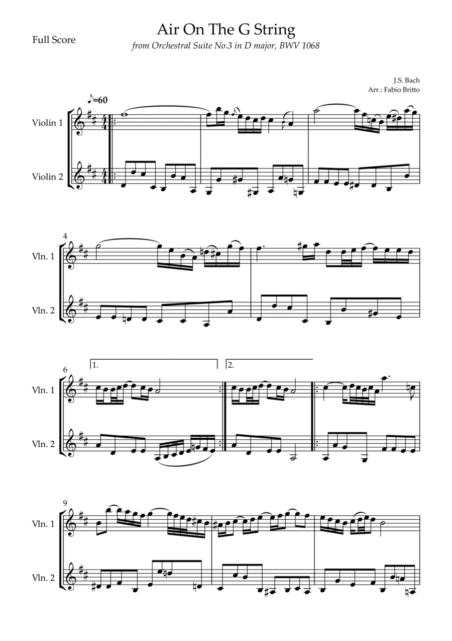 Air On The G String (J.S. Bach) for Violin Duo Air On The G String (J.S. Bach) for Violin Duo String Duet scores gallery preview page 1
