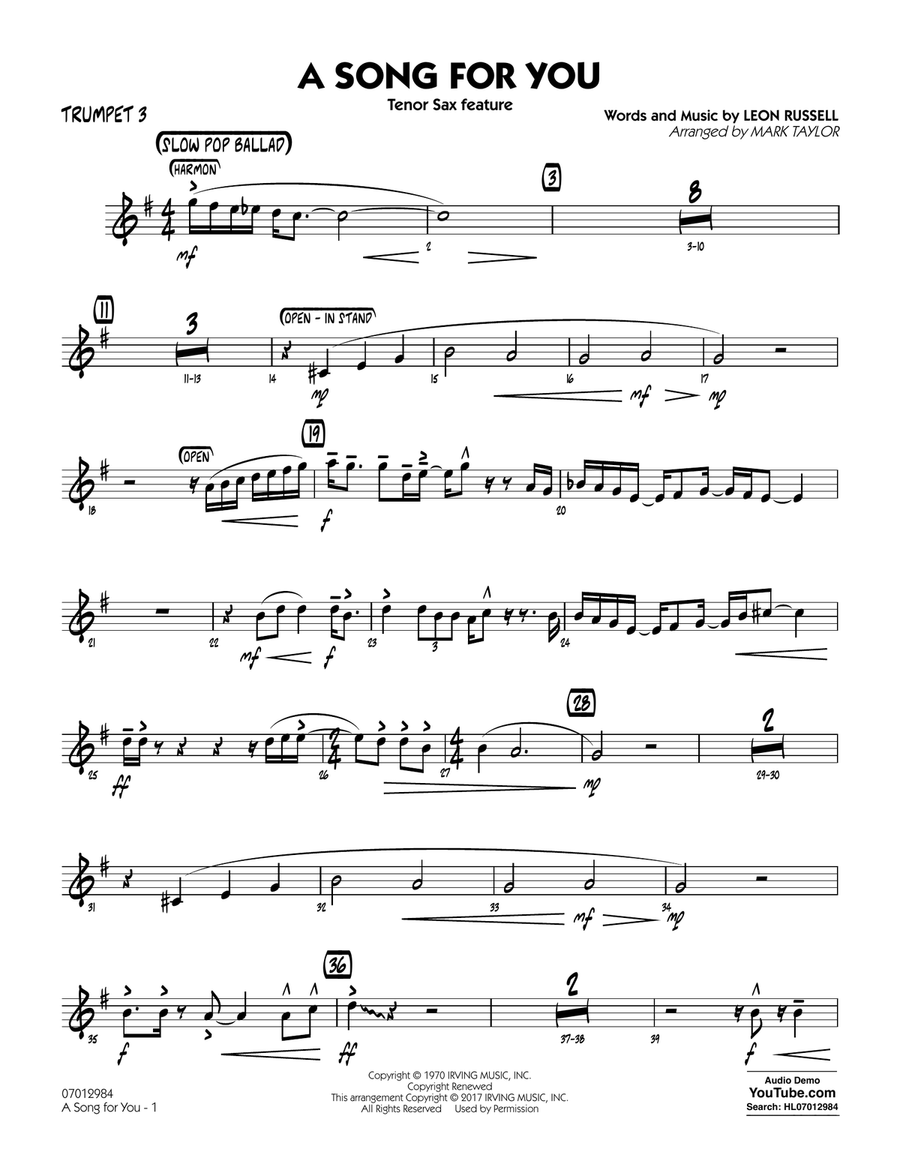 A Song for You (Tenor Sax Feature) - Trumpet 3 Jazz Ensemble scores gallery preview page 1