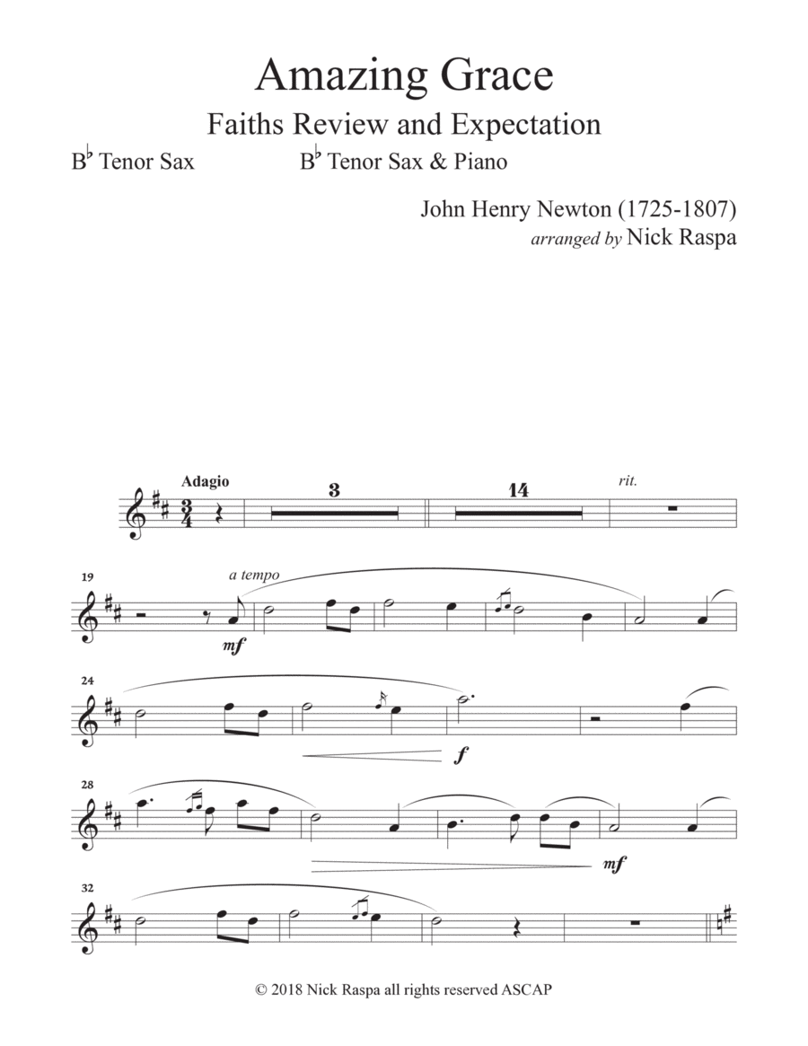 Amazing Grace (B Flat Tenor Sax & Piano) Tenor Sax part Tenor Saxophone scores gallery preview page 1