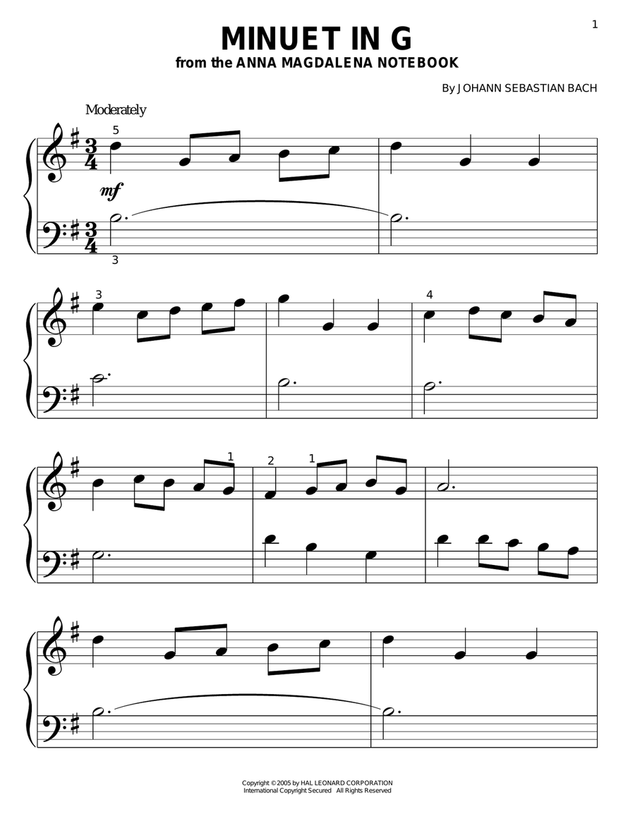 Minuet In G Easy Piano scores gallery preview page 1