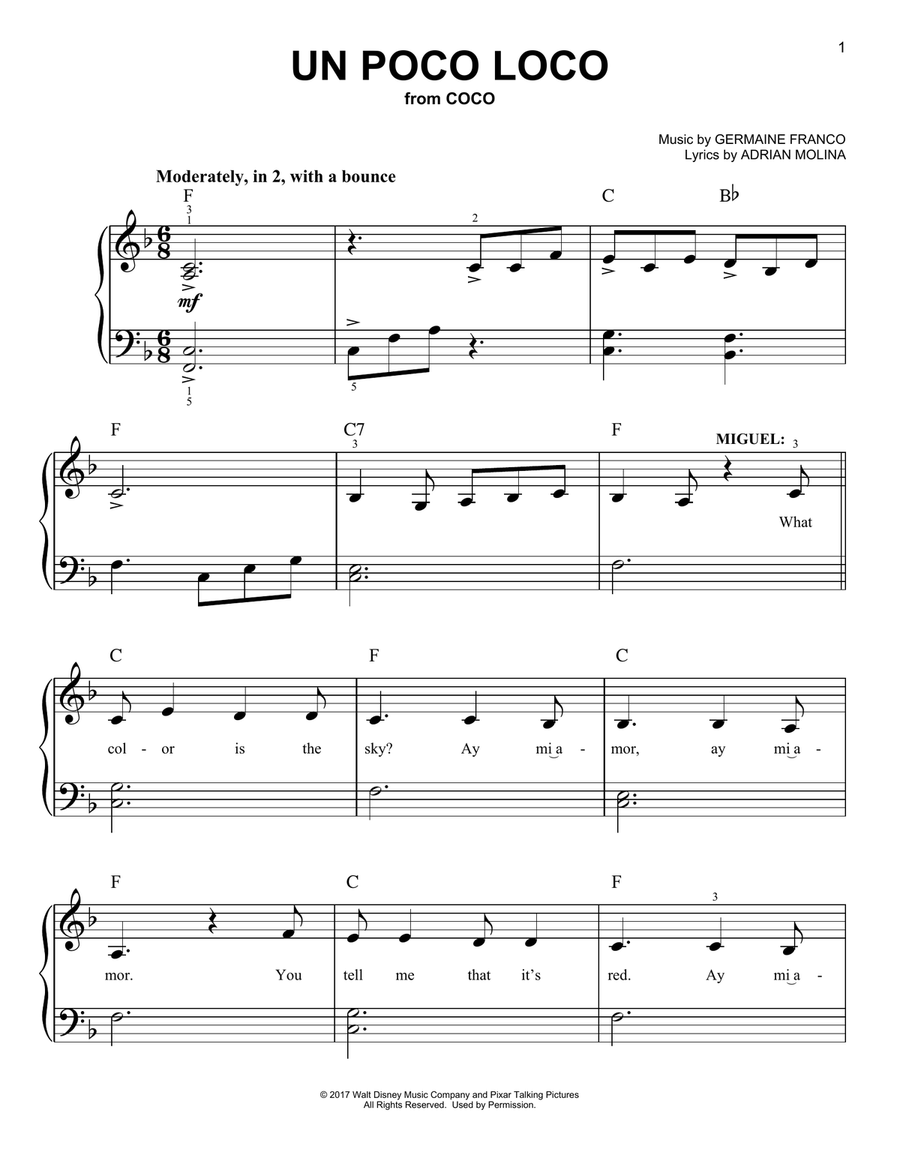 Un Poco Loco (from Coco) Easy Piano scores gallery preview page 1