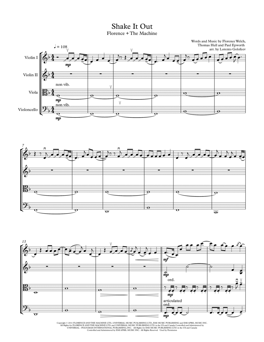 Shake It Out Shake It Out String Quartet scores gallery preview page 1