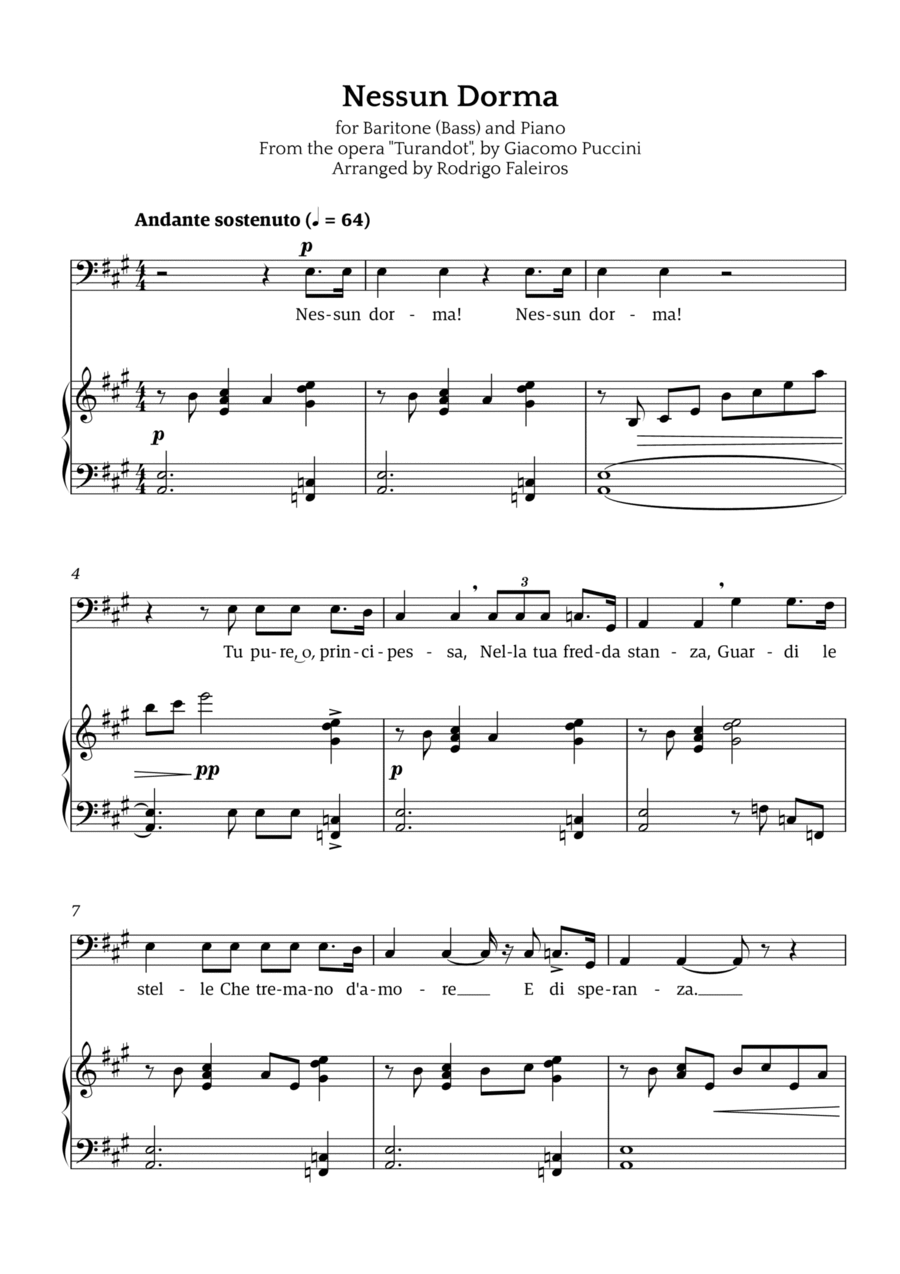 Nessun Dorma (for baritone or bass and piano) Chamber Music scores gallery preview page 1