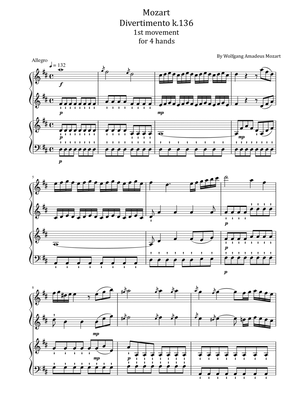 Mozart - Divertimento in D major, K.136/125a - 1st movement for 4 hands